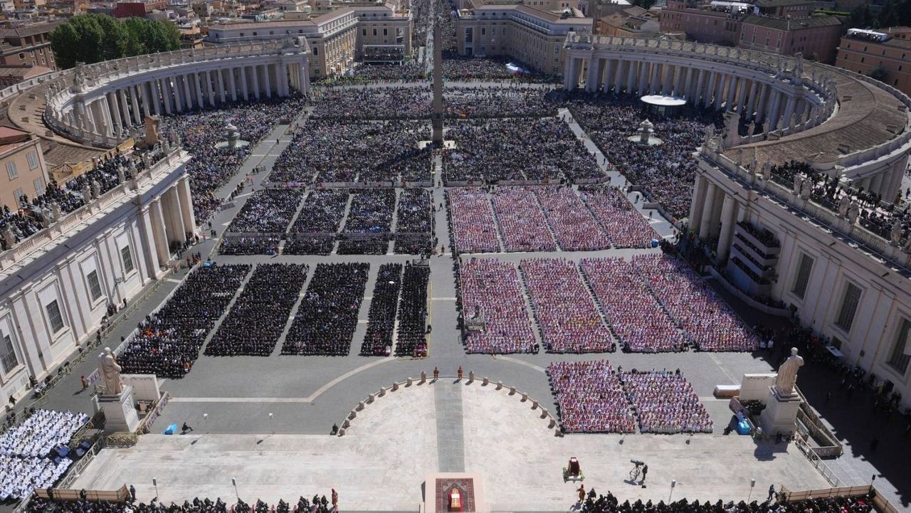 A view of the funeral of Pope Francis in St. Peter's Square at the Vatican, Saturday, April 26, 2025. (AP Photo/Alessandra Tarantino)