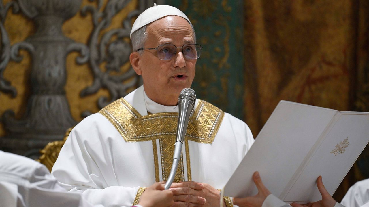 Newly elected Pope Leo XIV concelebrates Mass with the College of Cardinals inside the Sistine Chapel at the Vatican the day after his election as 267th pontiff of the Roman Catholic Church, Friday, May 9, 2025. (Vatican Media via AP)