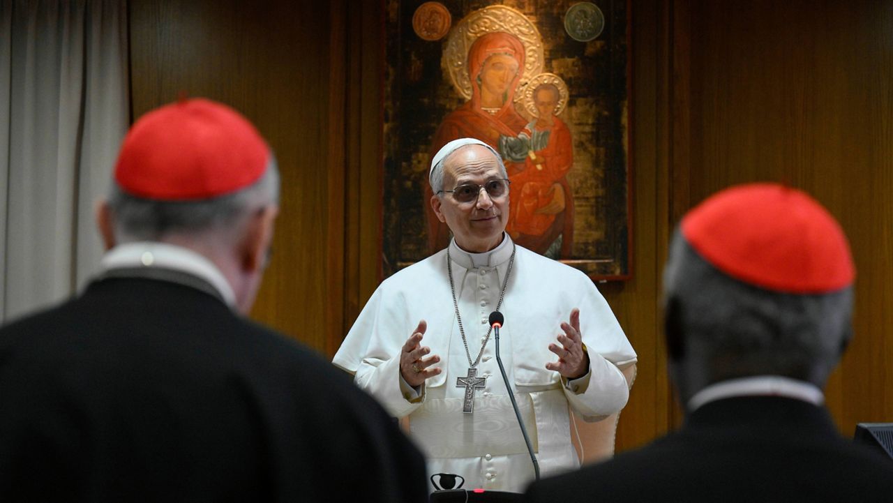 Pope Leo XIV meets the College of Cardinals in the New Synod Hall at the Vatican, Saturday, May 10, 2025. (Vatican Media via AP)