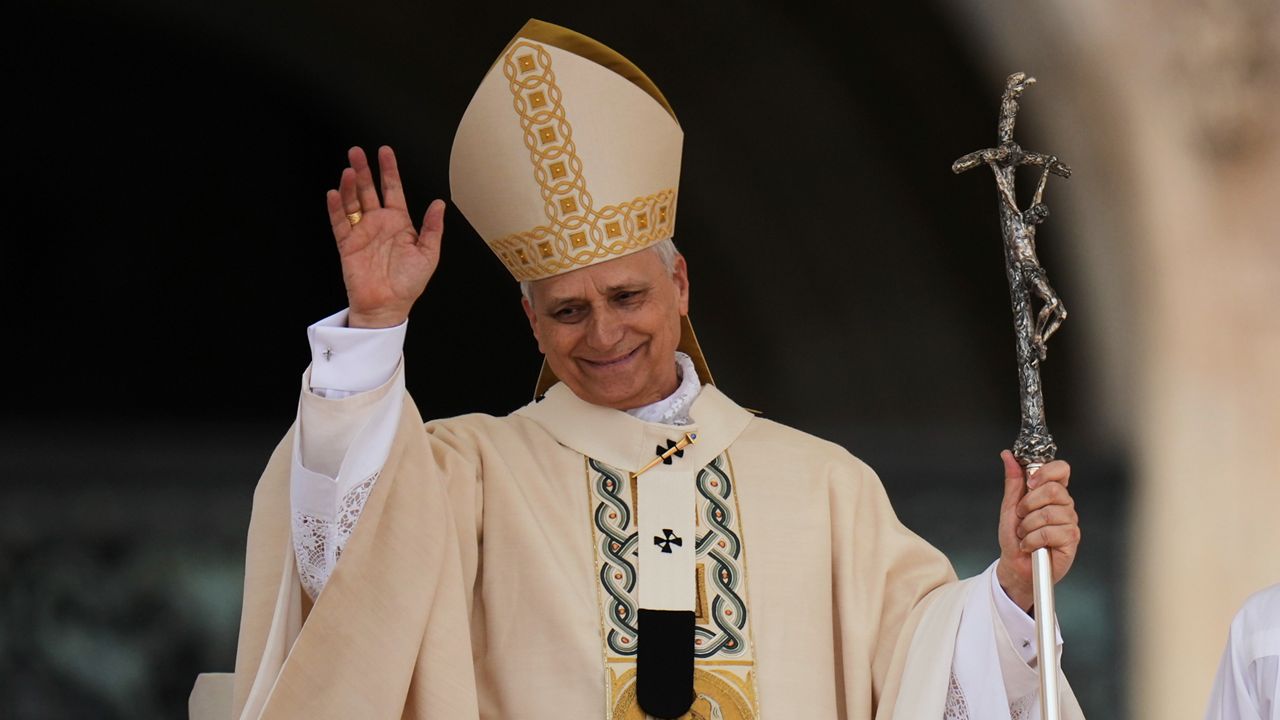 Pope Leo XIV holds Mass during the formal inauguration of his pontificate in St. Peter's Square attended by heads of state, royalty and ordinary faithful, Sunday, May 18, 2025. (AP Photo/Alessandra Tarantino)