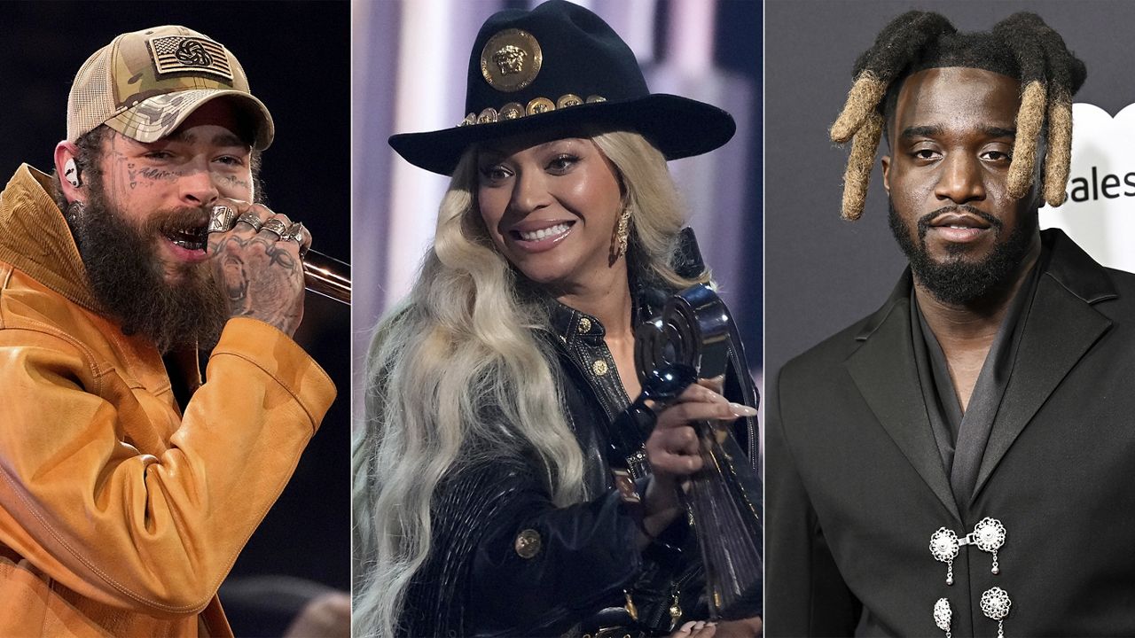 This combination of images shows recording artists, Post Malone, from left, Beyoncé, and Shaboozey. (AP Photo)