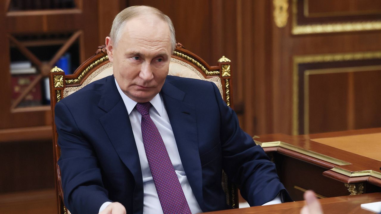 Russian President Vladimir Putin attends a meeting with New People party's leader Alexey Nechaev in Moscow, Russia, Tuesday, Nov. 19, 2024. (Vyacheslav Prokofyev, Sputnik, Kremlin Pool Photo via AP)