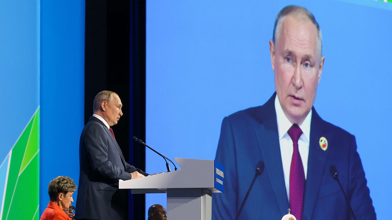 Russian President Vladimir Putin addresses the plenary session of the Russia-Africa Economic and Humanitarian Forum in St. Petersburg, Russia, Thursday, July 27, 2023. (VAlexander Ryumin/TASS Host Photo Agency Pool Photo via AP)