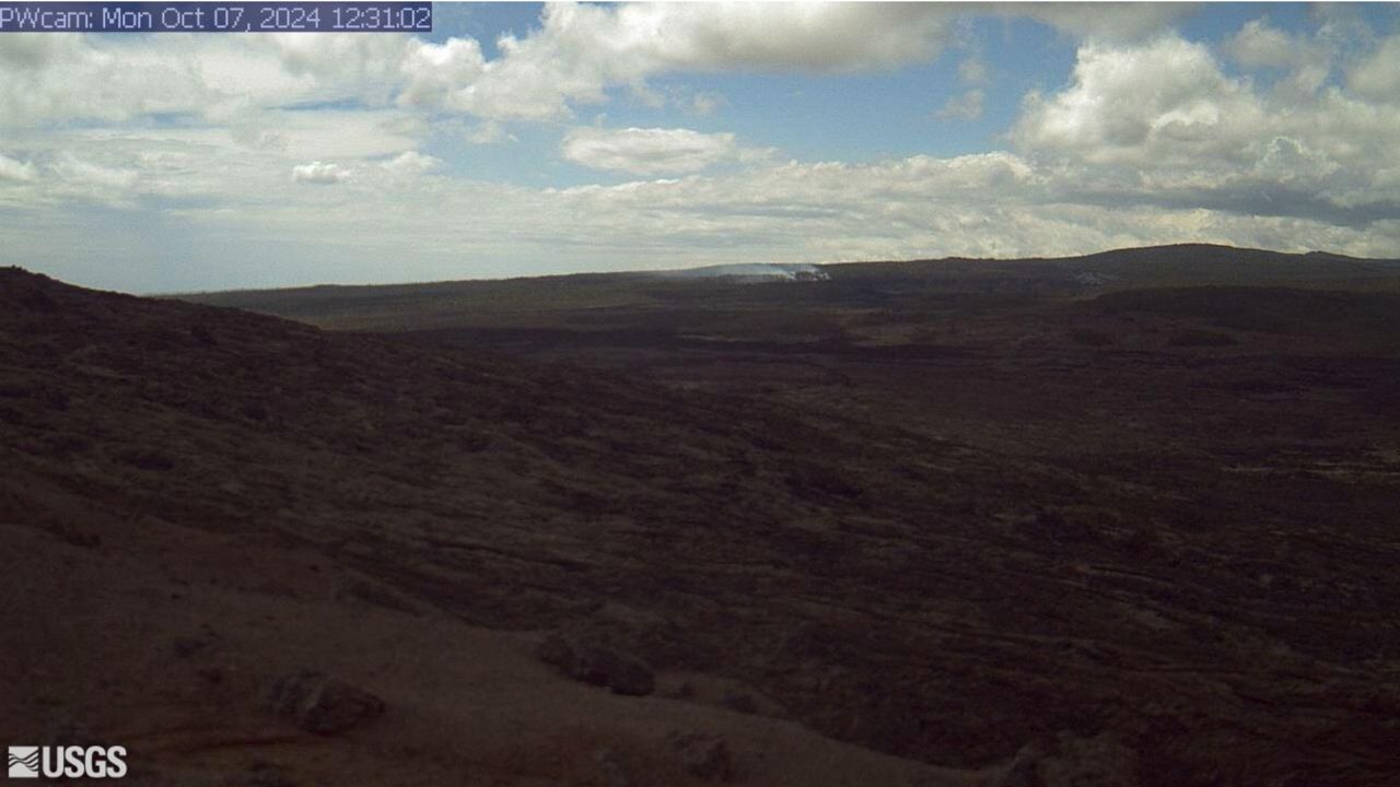 On Sunday around 4 p.m., a plume was seen on the south side of Nāpau Crater in the HVO’s PWcam. (Photo courtesy of USGS Hawaiian Volcano Observatory)