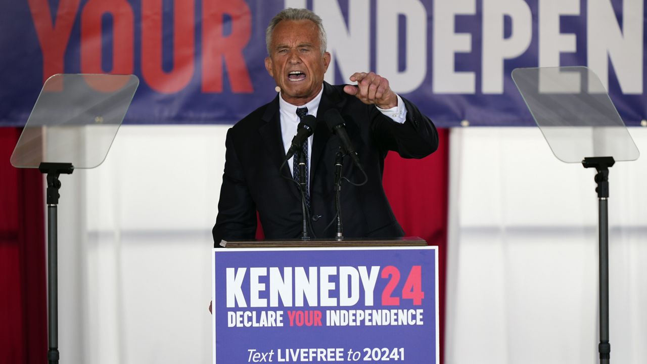 Presidential candidate Robert F. Kennedy, Jr. speaks during a campaign event at Independence Mall, Monday, Oct. 9, 2023, in Philadelphia. (AP Photo/Matt Rourke)