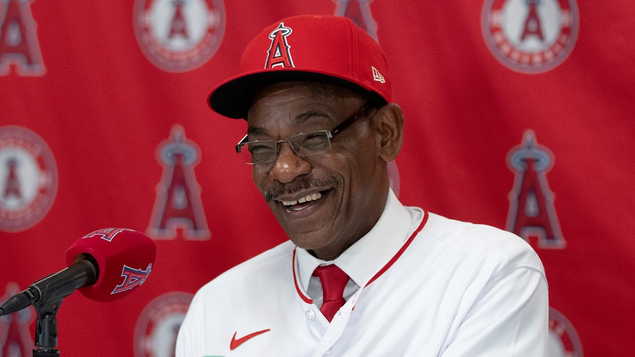 Ron Washington, the new manager of the Los Angeles Angels, smiles during a baseball news conference Wednesday, Nov. 15, 2023, in Anaheim, Calif. The 71-year-old Washington managed the Texas Rangers from 2007-14, winning two AL pennants and going 664–611. (AP Photo/Jae C. Hong)