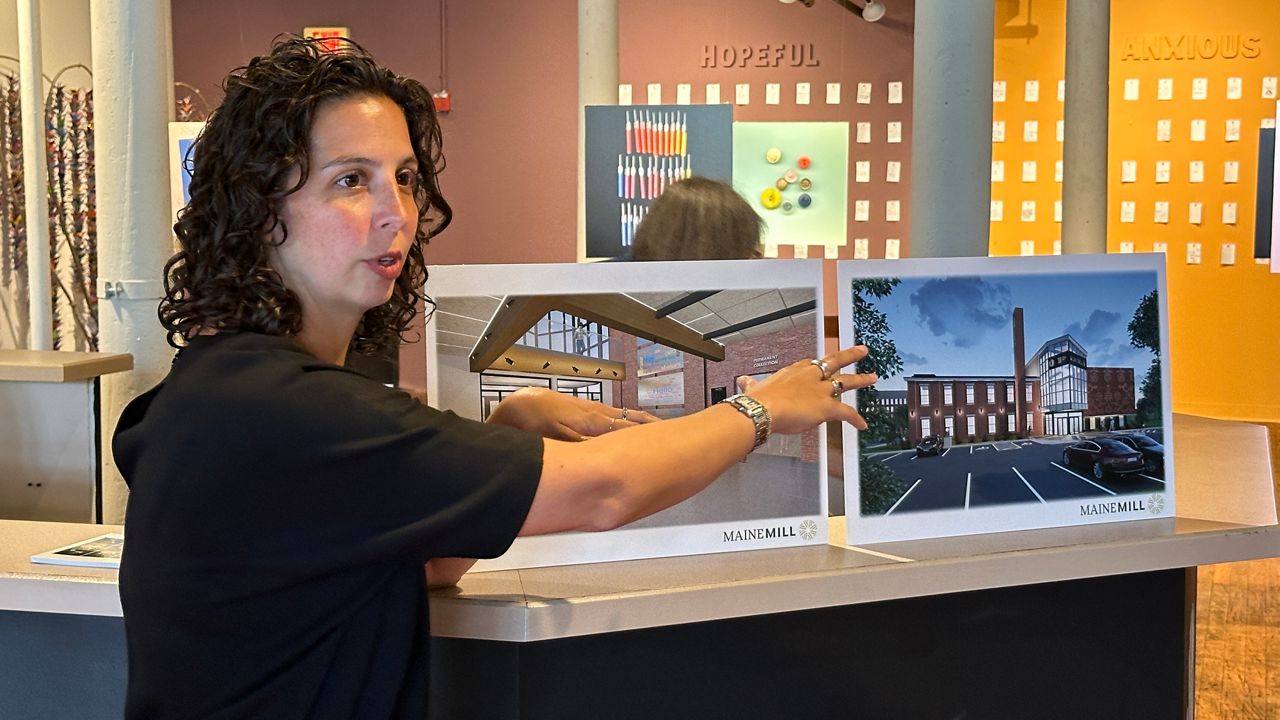 Rachel Ferrante, executive director of the Maine Museum of Innovation, Learning and Labor, talks about the museum's expansion plans Thursday during a tour. (Spectrum News/Susan Cover)