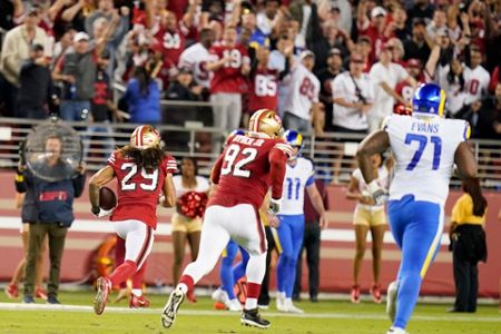 San Francisco 49ers wide receiver Brandon Aiyuk (11) runs against the Los  Angeles Rams during the second half of an NFL football game in Santa Clara,  Calif., Monday, Oct. 3, 2022. (AP