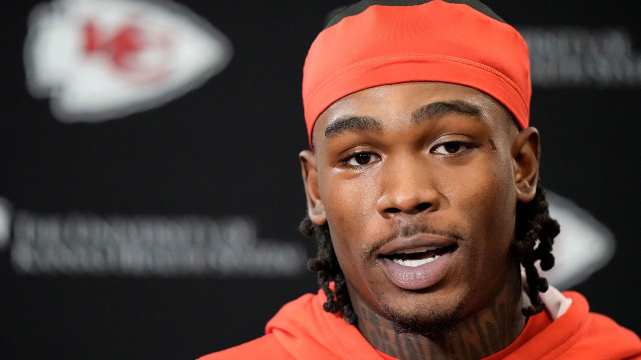 Kansas City Chiefs wide receiver Rashee Rice speaks to the media before the NFL football team's practice Thursday, Jan. 25, 2024, in Kansas City, Mo. (AP Photo/Charlie Riedel)