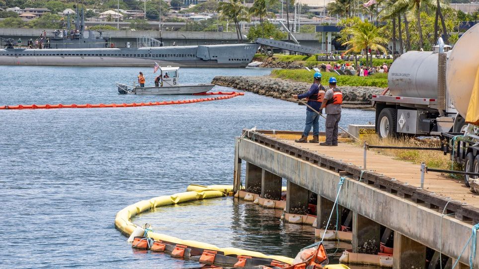 Joint Task Force-Red Hill personnel perform a spill response exercise at Joint Base Pearl Harbor-Hickam on June 8, 2023. (Photo courtesy of the Department of Defense/U.S. Army Spc. Matthew Mackintosh)