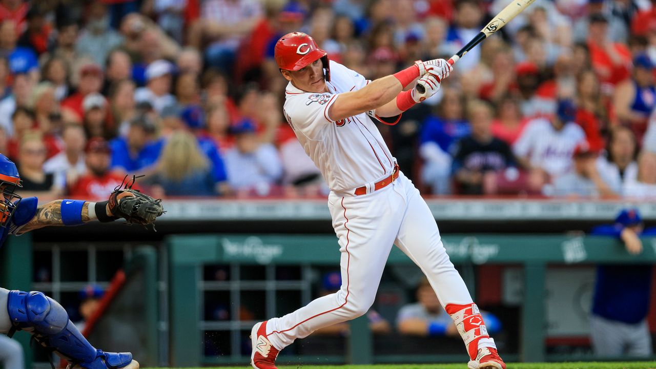 Cincinnati Reds' Tyler Stephenson bats during a baseball game against the New York Mets in Cincinnati, Tuesday, May 9, 2023. The Reds won 7-6. (AP Photo/Aaron Doster)