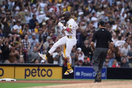 An Eric Hosmer game bat and jersey in the Petco Park, home of the