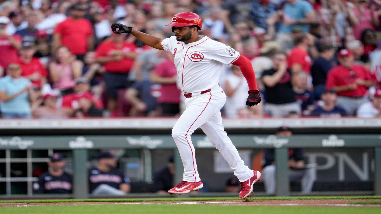 Cincinnati Reds' Jeimer Candelario runs the bases after hitting a solo home run against the Cleveland Guardians during the first inning of a baseball game in Cincinnati, Wednesday, June 12, 2024. (AP Photo/Jeff Dean)