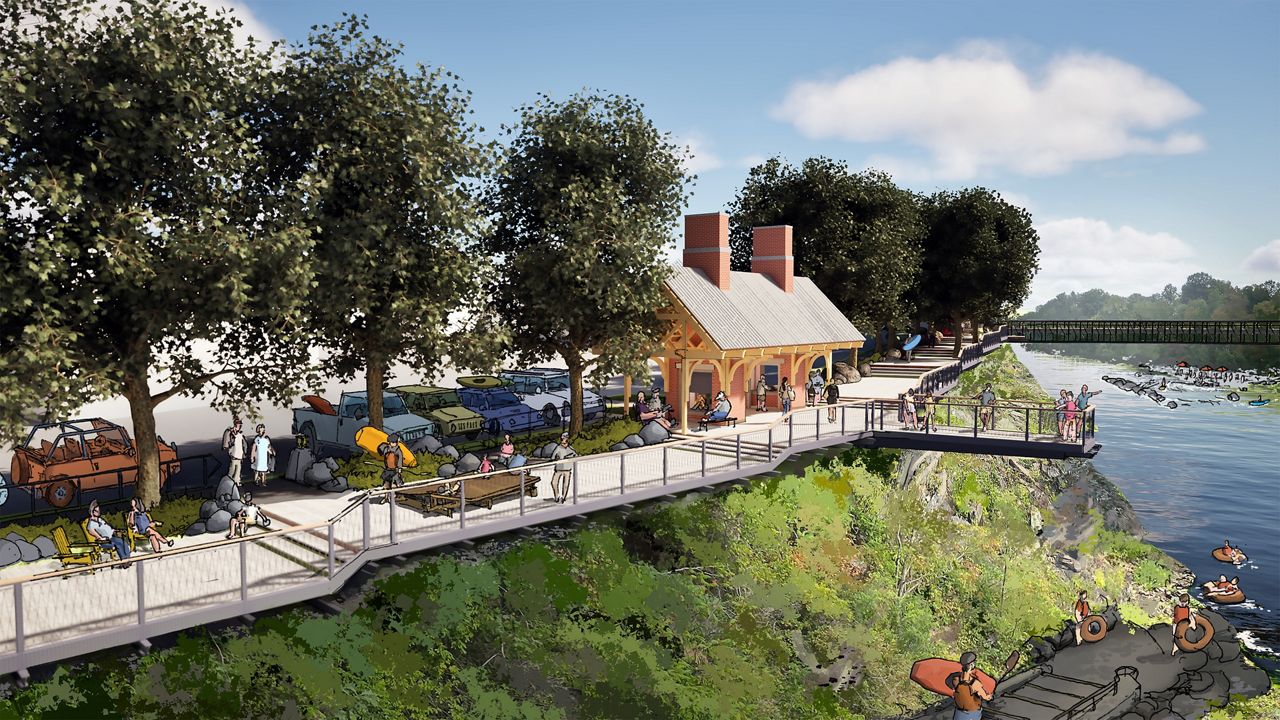 A riverside boardwalk will serve as a viewing platform for the action below. (Rendering courtesy of Main Street Skowhegan)