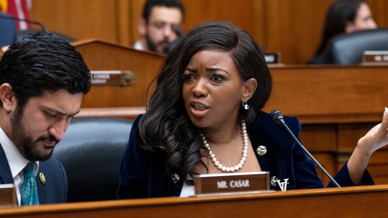 Rep. Jasmine Crockett, D-Texas, reacts to a Republican talking point during a House Oversight Committee impeachment inquiry into President Joe Biden, Thursday, Sept. 28, 2023, on Capitol Hill in Washington. (AP Photo/Jacquelyn Martin)