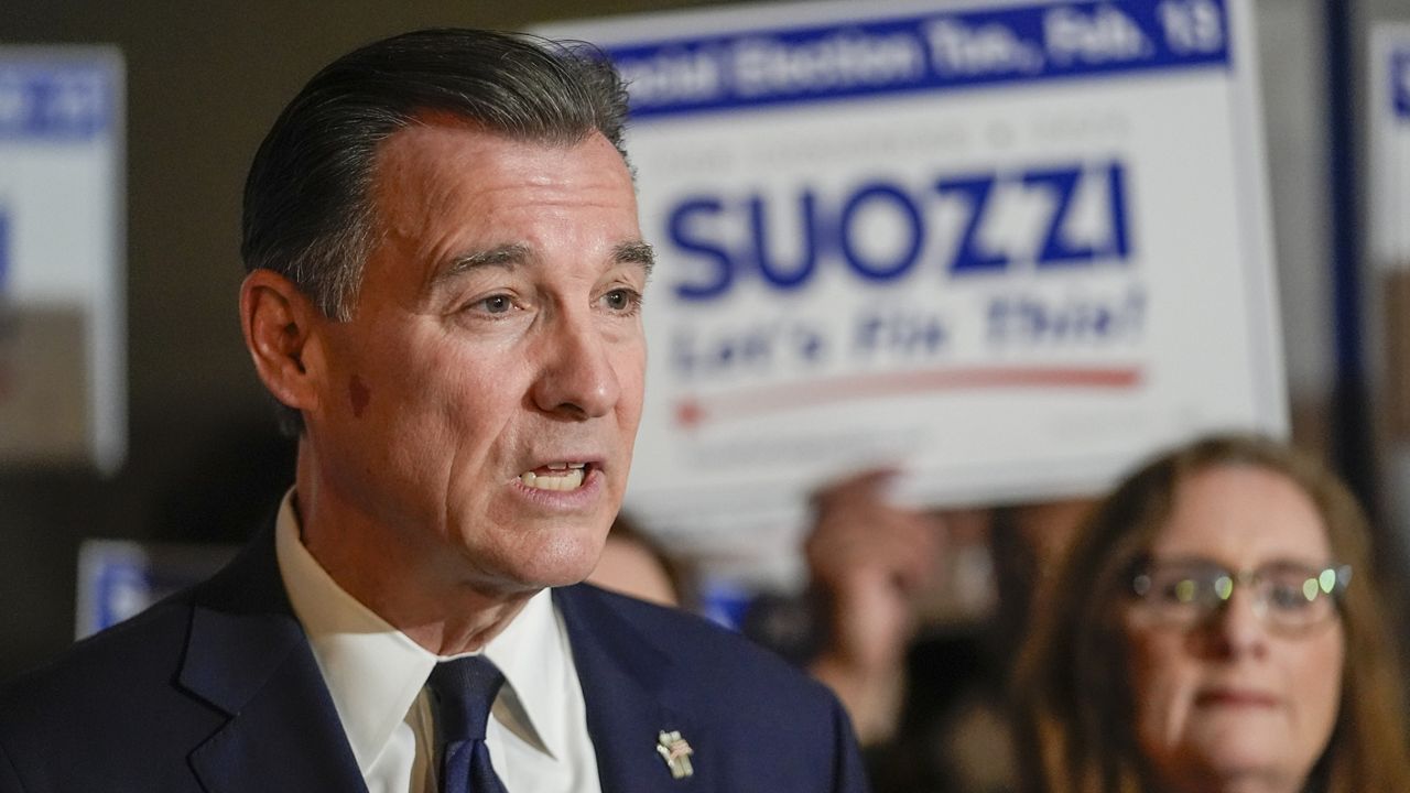Former U.S. Rep. Tom Suozzi speaks during a campaign canvass kick off event, Sunday, Feb. 11, 2024, in Plainview N.Y. The race to replace disgraced former Rep. George Santos pits Democrat congressional candidate Suozzi against Republican Mazi Pilip in New York's 3rd district. (AP Photo/Mary Altaffer)