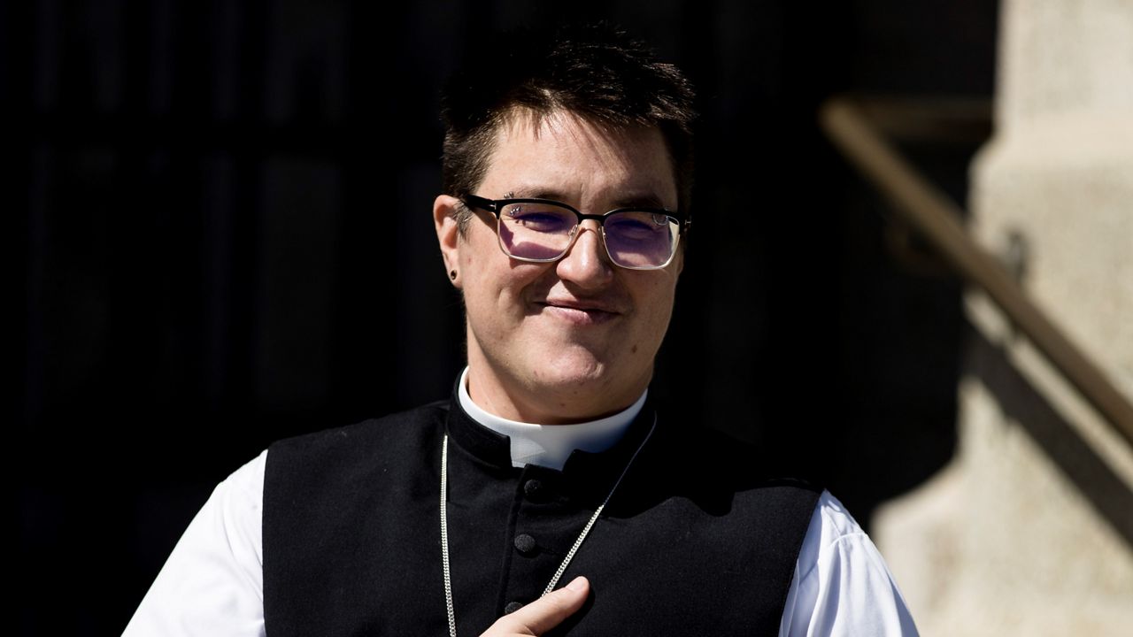 Bishop Megan Rohrer speaks to the press before their installation ceremony at Grace Cathedral in San Francisco, Saturday, Sept. 11, 2021.   Rohrer, who resigned last June less than a year after his election as the first openly transgender bishop in the Evangelical Lutheran Church in America, filed a lawsuit, Wednesday, March 1, 2023, alleging gender discrimination and a hostile work environment. Rohrer resigned as bishop of the ELCA's Sierra Pacific Synod amid accusations of racism, after he fired the pastor of a predominantly Latino, congregation. (AP Photo/John Hefti, File)