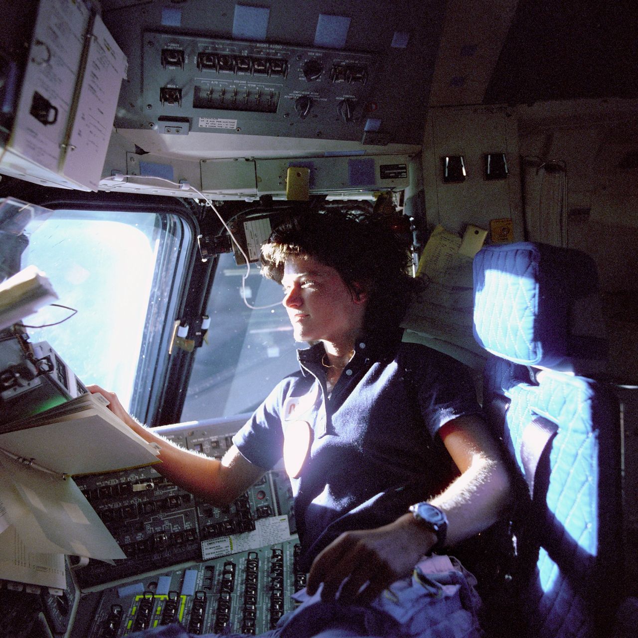 Sally Ride on the flight deck of the Space Shuttle Challenger during the STS-41-G mission in 1984.