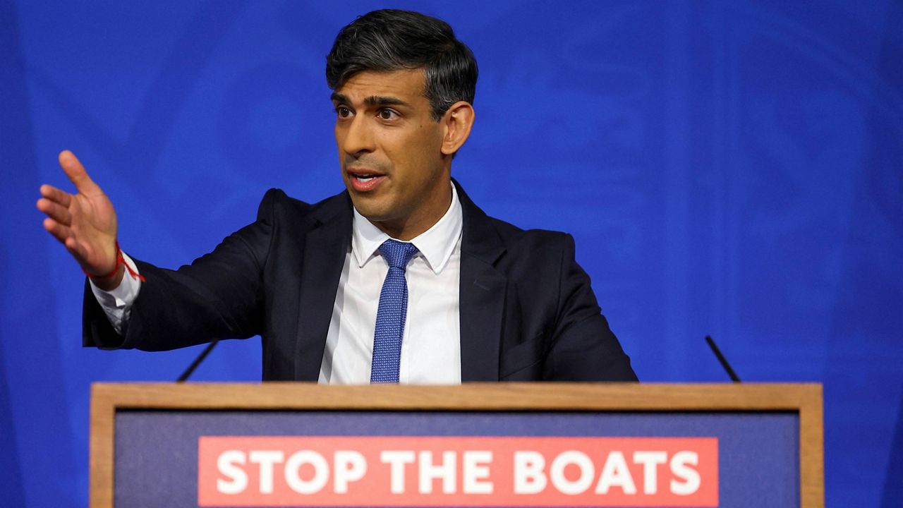 British Prime Minister Rishi Sunak speaks during a press conference at Downing Street in London, Monday, April 22, 2024. (Toby Melville/Pool Photo via AP)