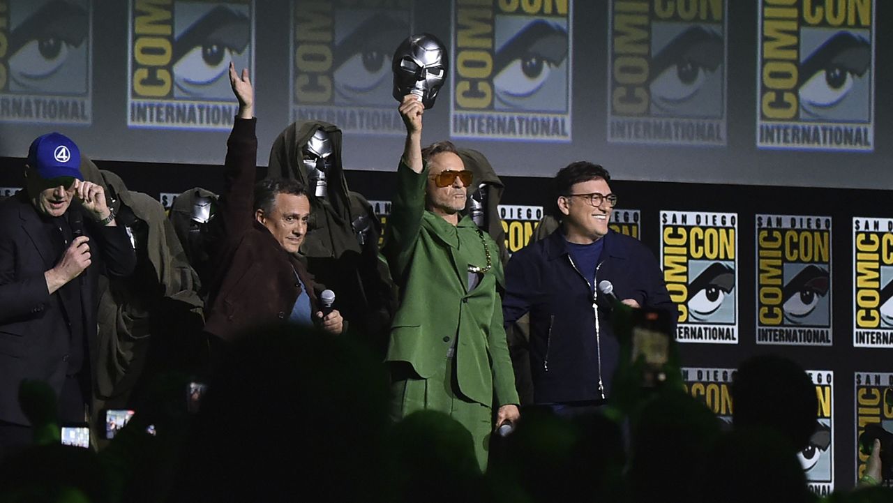 Kevin Feige, from left, Joe Russo, Robert Downey Jr., and Anthony Russo attend a panel for Marvel Studios during Comic-Con International on Saturday, July 27, 2024, in San Diego. (Photo by Richard Shotwell/Invision/AP)