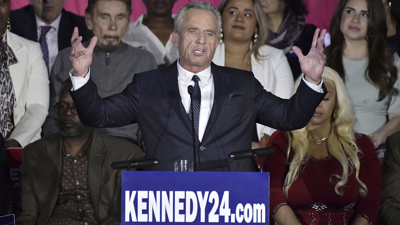 Robert F. Kennedy Jr. speaks at a presidential campaign launch event Wednesday at Boston Park Plaza Hotel in Boston. (AP Photo/Josh Reynolds)