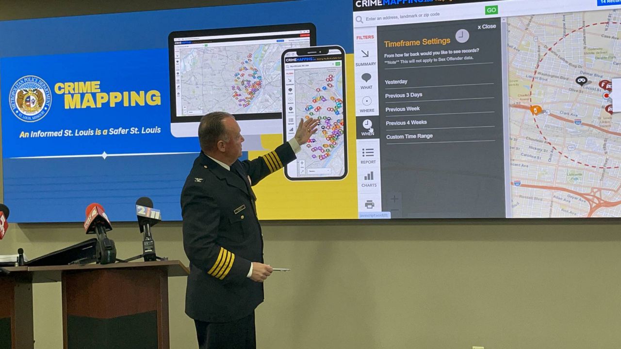 St. Louis Police Chief Robert Tracy demonstrates a new crime-mapping tool now available on the department's website. (Spectrum News/Gregg Palermo)