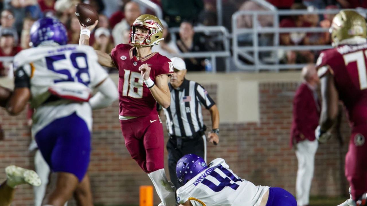 The status of FSU quarterback Tate Rodemaker (18) for Saturday's ACC Championship Game will be a game-time decision because of a concussion, coach Mike Norvell said. (AP Photo/Colin Hackley)