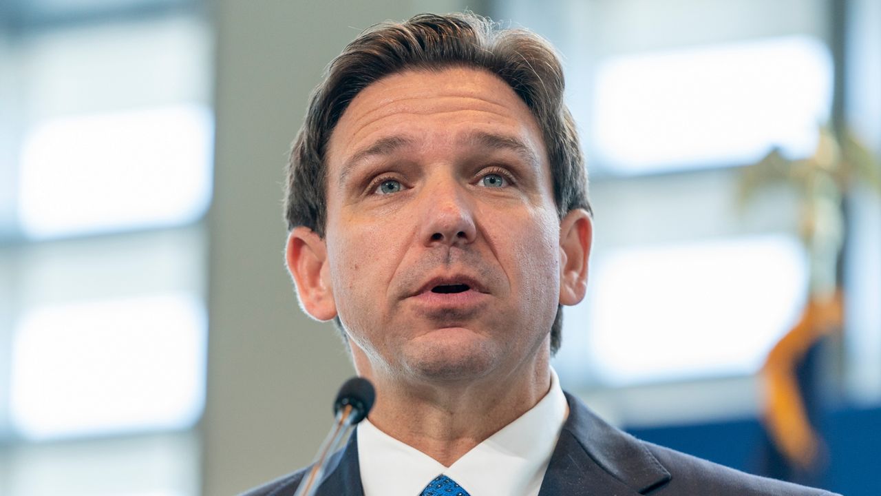 FILE - Florida Gov. Ron DeSantis speaks at the Heritage Foundation 50th Anniversary Celebration leadership summit, Friday, April 21, 2023, in Oxon Hill, Md. (AP Photo/Alex Brandon, File)