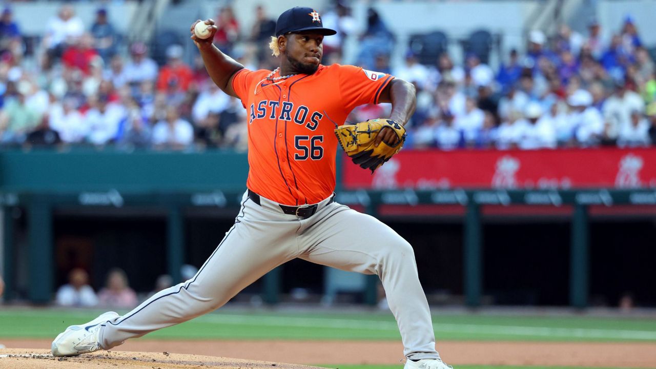 Houston Astros pitcher Ronel Blanco delivers in the second inning against the Texas Rangers in the first inning of a baseball game Sunday, April 7, 2024, in Arlington, Texas. (AP Photo/ Richard W. Rodriguez)
