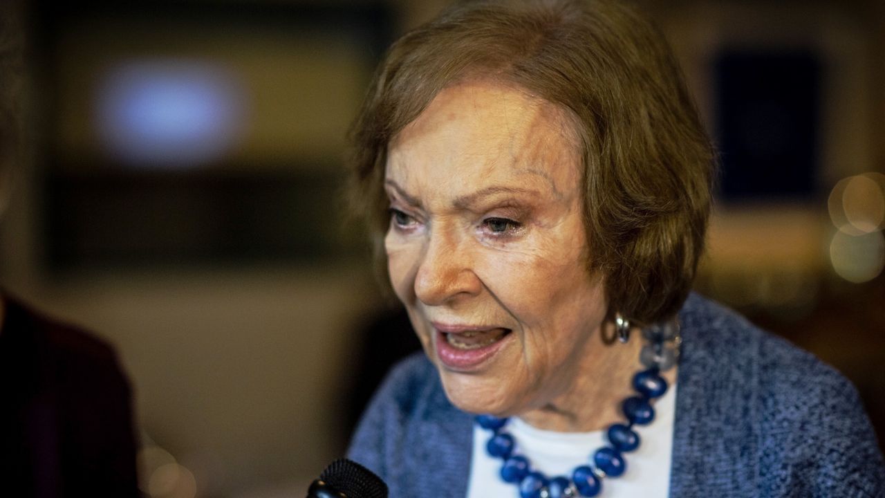 The former first lady Rosalynn Carter speaks to the press at conference at The Carter Center on Tuesday, Nov. 5, 2019, in Atlanta. (AP Photo/Ron Harris, File)