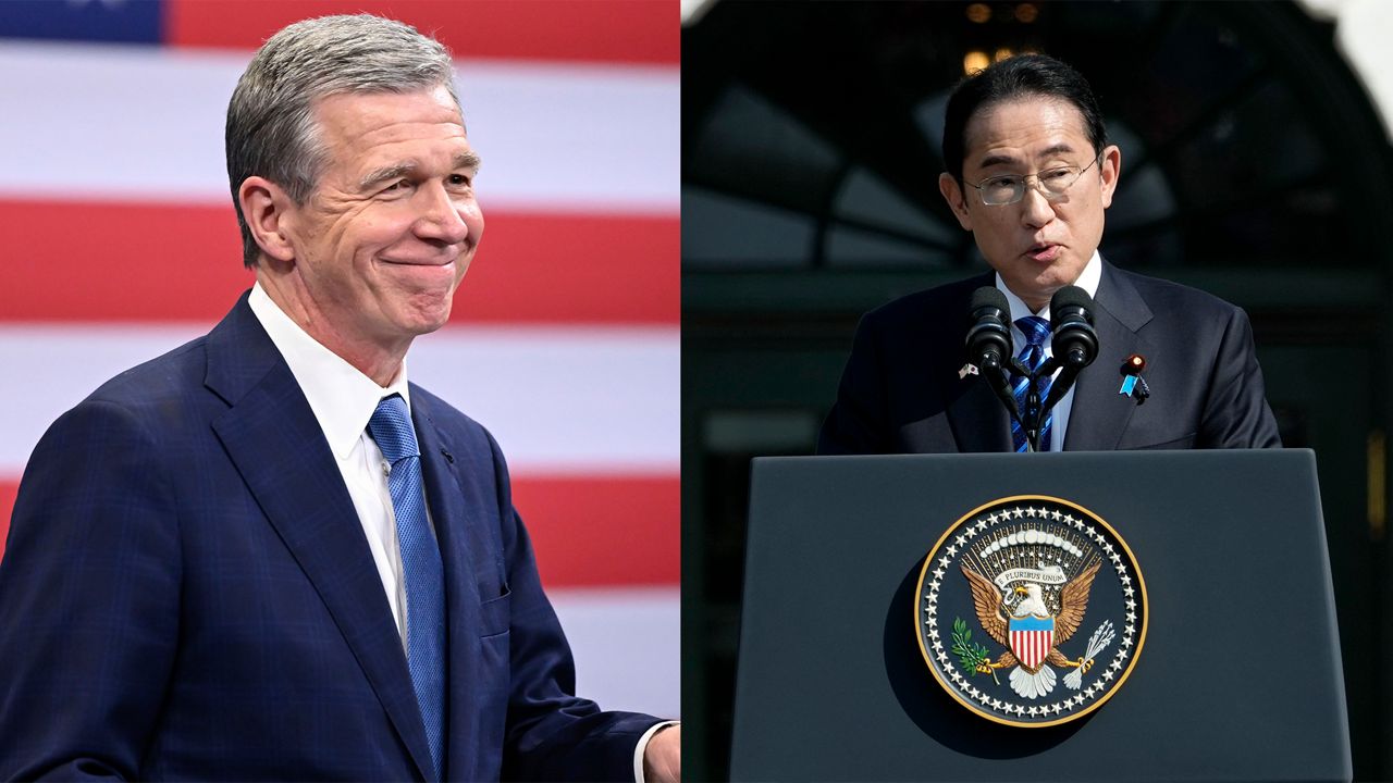 Japanese Prime Minister Fumio Kishida, right, will be hosted by North Carolina Gov. Roy Cooper, left, for a historic visit this week. (AP)