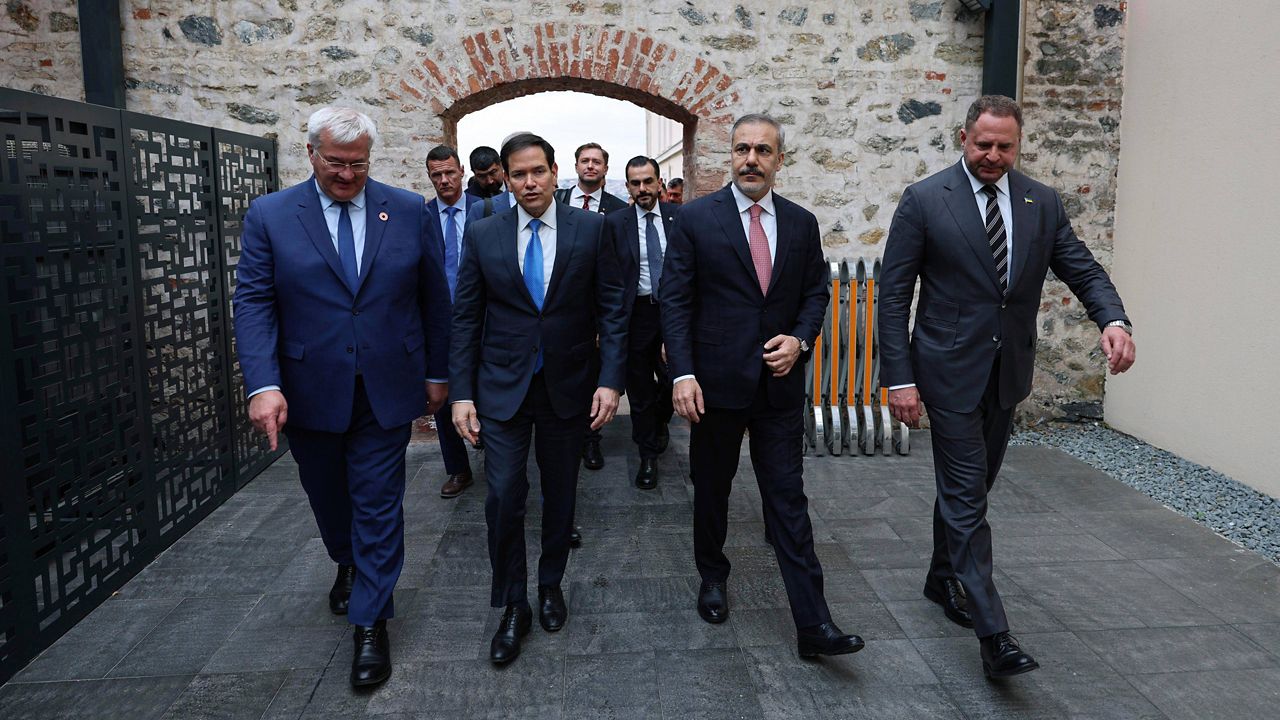 In this handout photo released by Turkish Foreign Ministry, from left, Ukraine's Foreign Minister Andrii Sybiha, U.S. Secretary of State Marco Rubio, Turkish Foreign Minister Hakan Fidan and Ukrainian Head of Presidential Office Andriy Yermak arrive for a meeting at Dolmabahce palace in Istanbul, Turkey, Friday, May 16, 2025. (Turkish Foreign Ministry via AP)