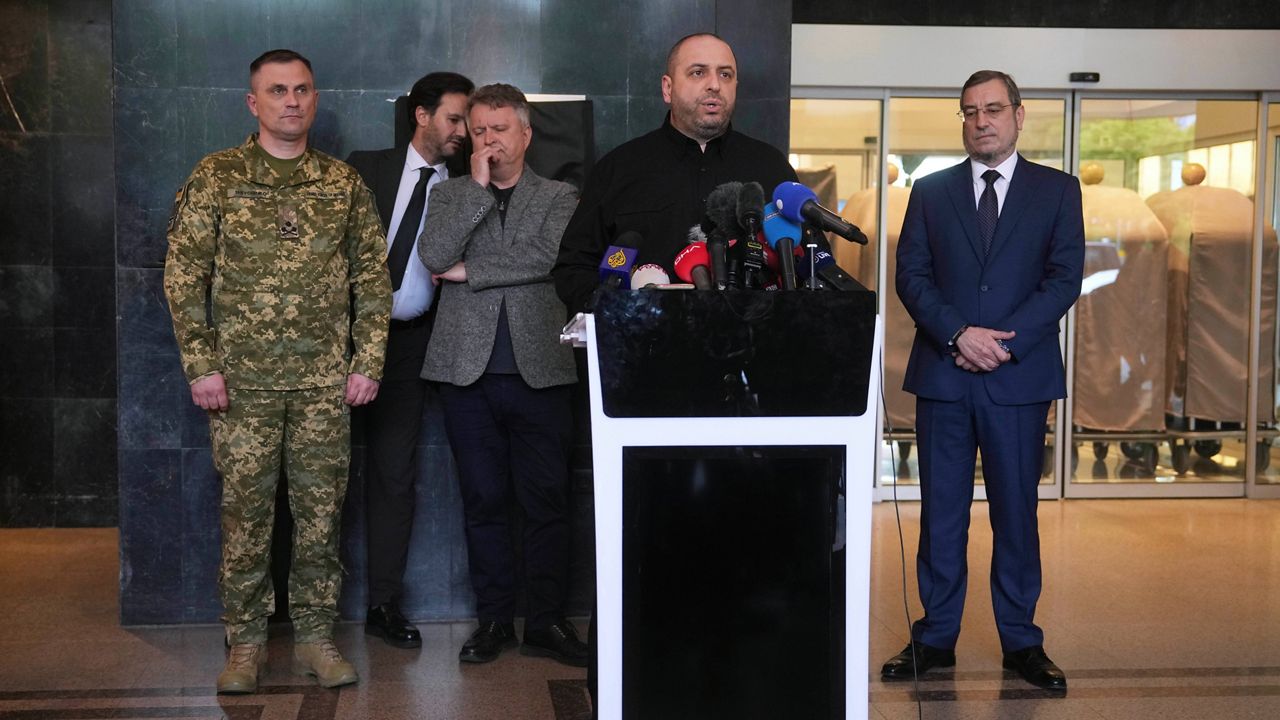 Ukraine's Defense Minister Rustem Umerov talks to journalists, in Istanbul, Turkey, Friday, May 16, 2025. (AP Photo/Evgeniy Maloletka)