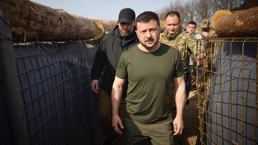 Ukrainian President Volodymyr Zelenskyy inspects the fortification lines in Ukraine on Tuesday, April 9, 2024.