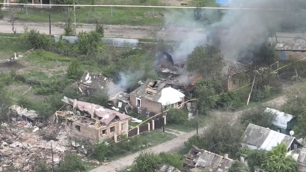 This drone footage obtained by The Associated Press shows the village of Ocheretyne, a target for Russian forces in the Donetsk region of eastern Ukraine. Ukraine’s military has acknowledged the Russians have gained a “foothold” in Ocheretyne, which had a population of about 3,000 before the war, but say fighting continues. (Kherson/Green via AP)