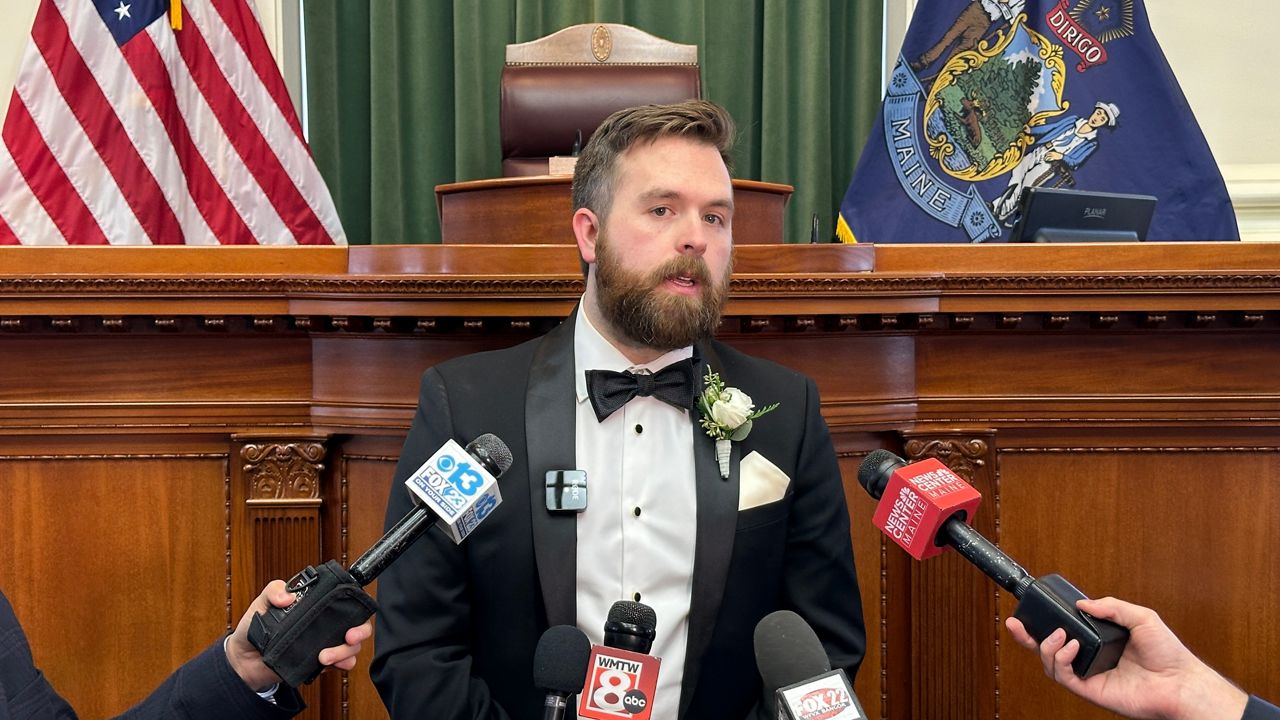 House Speaker Ryan Fecteau (D-Biddeford) answers questions from reporters Wednesday at the State House. (Spectrum News/Susan Cover)