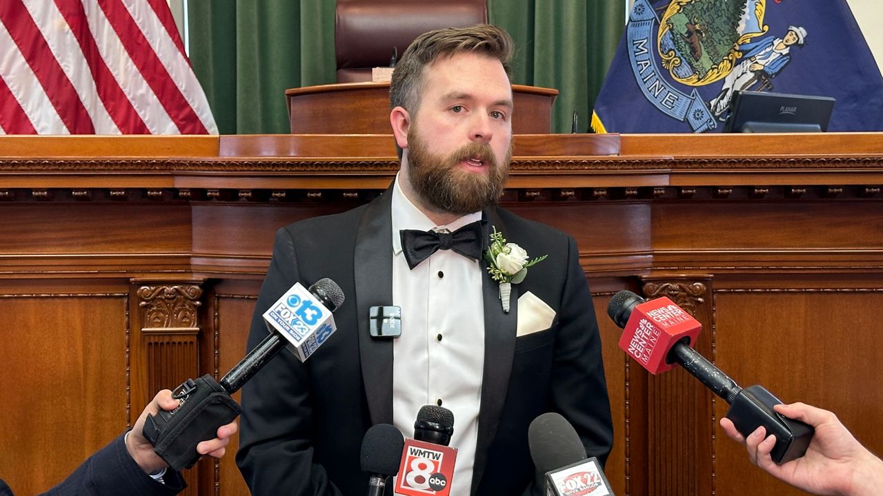 Maine House Speaker Ryan Fecteau answers questions from the media after being sworn in as speaker in December 2024. (Spectrum News file photo)