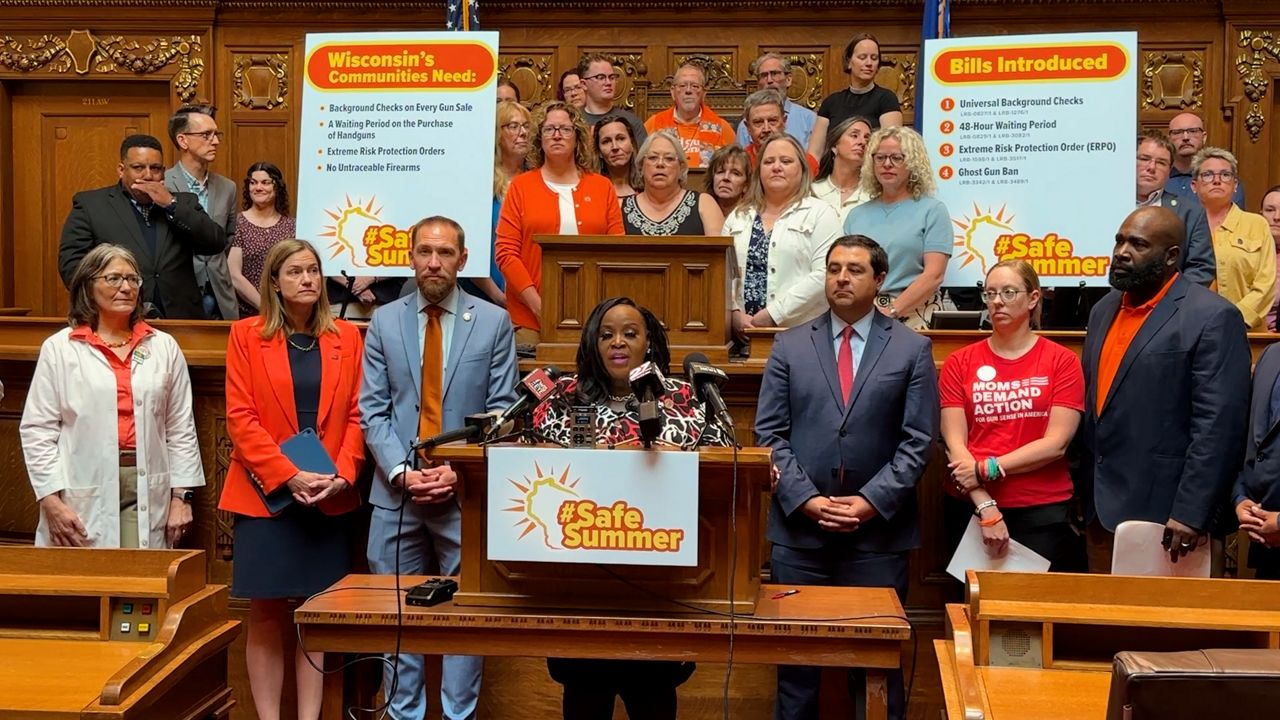 Members of the Wisconsin Gun Safety Coalition gathered at the Capitol on Tuesday afternoon alongside community advocates and Attorney General Josh Kaul to push for the “Safe Summer” bill package. (Spectrum News 1/Mandy Hague)
