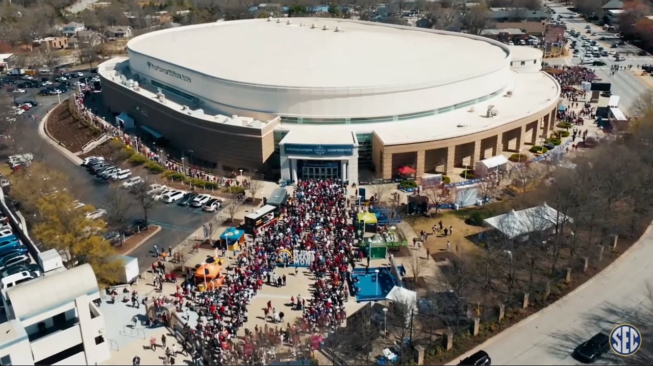 Aerial view of the Bon Secours Wellness Arena during the SEC Women's Basketball Tournament.