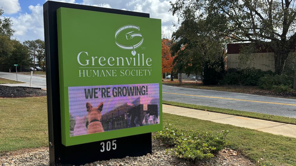 Facility sign outside the Greenville Humane Society at 305 Airport Rd. on Wednesday, Oct. 30, 2024. (Spectrum News)