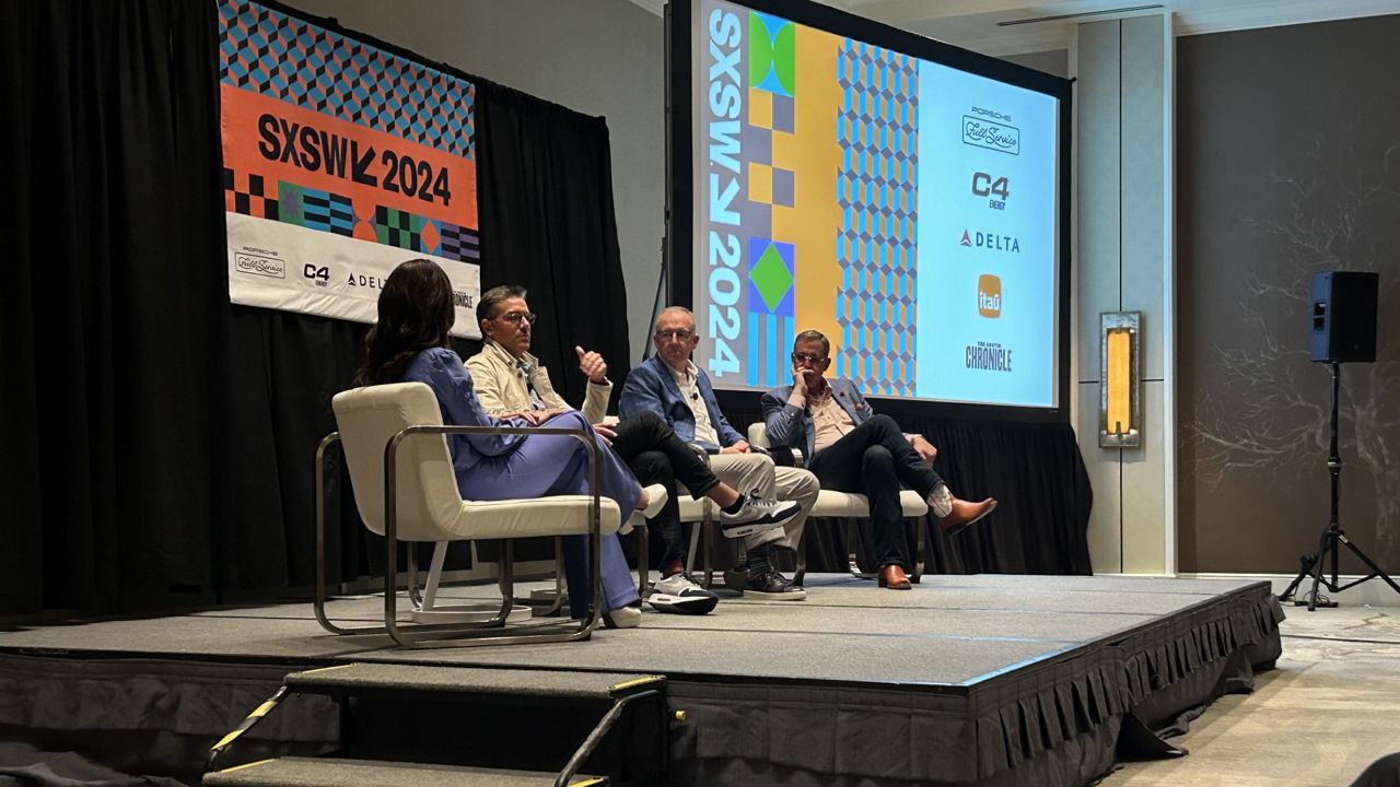 ESPN's Jen Lada (left) moderated a panel at SXSW taking about the new era of college sports featuring Learfield CEO Cole Gahagan (middle left), SEC Commissioner Greg Sankey (middle right) and University of Texas Athletic Director Chris Del Conte (right) on Saturday, March 9, 2024. (Katharine Finnerty/Spectrum News 1)