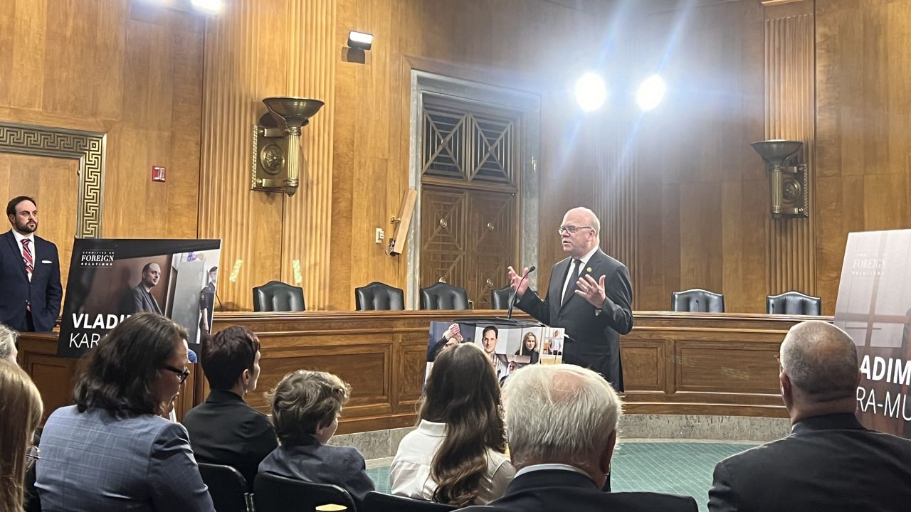 Rep. Jim McGovern, D-Mass. delivers remarks at event on Capitol Hill calling for the release of Russian opposition figure Vladimir Kara-Murza on Tuesday, April 9, 2024 (Spectrum News)