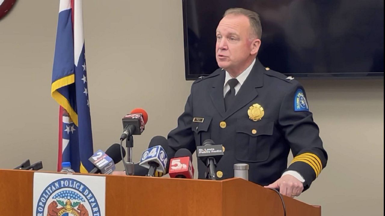 St. Louis Police Chief Robert Tracy answered questions at a news conference April 21, 2023. (Spectrum News/Gregg Palermo)