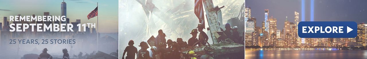 A banner that says "Remembering September 11th: 25 Years, 25 Stories" with three images connected to the World Trade Center.