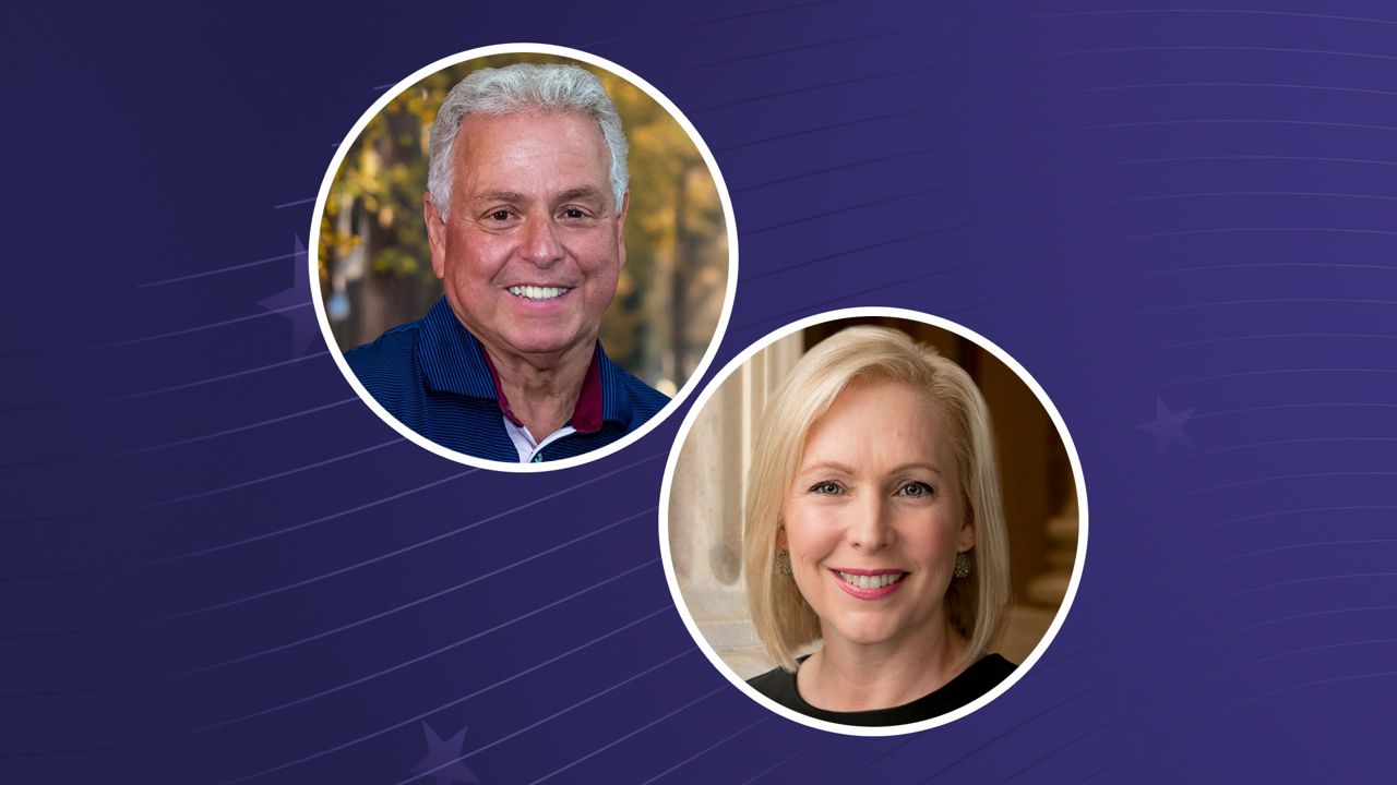 Democratic Sen. Kirsten Gillibrand and Republican Mike Sapraicone will appear in the debate, which starts at 7 p.m. on Spectrum News. (Spectrum News graphic)