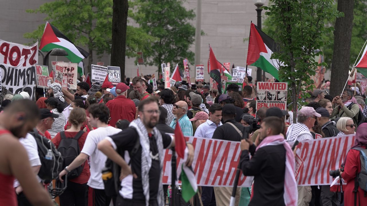 Protesters demonstrate against Israeli Prime Minister Benjamin Netanyahu's address to Congress on Wednesday, July 24, in Washington. (Spectrum News / Joseph Latona)