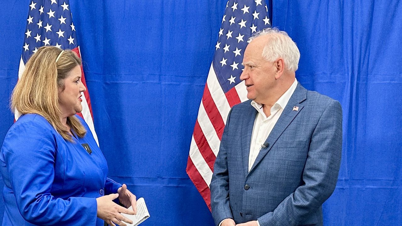 Minnesota Gov. Tim Walz speaks to Spectrum News' Loretta Boniti in Asheville, N.C., on Tuesday, Sept. 17, 2024. (Spectrum News)