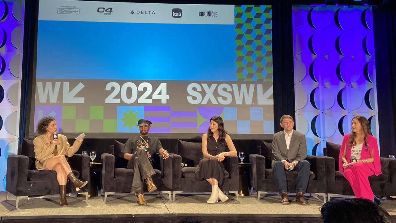 From left to right: Actor and comedian Ilana Glazer, musician Danny Brown, Austin City Council member Vanessa Fuentes, Rep. James Talarico, D-Austin, and Jessica Weitz of the ACLU discuss the political state of the nation and Texas during a crucial election year. (Spectrum News 1/Christine Sanchez)