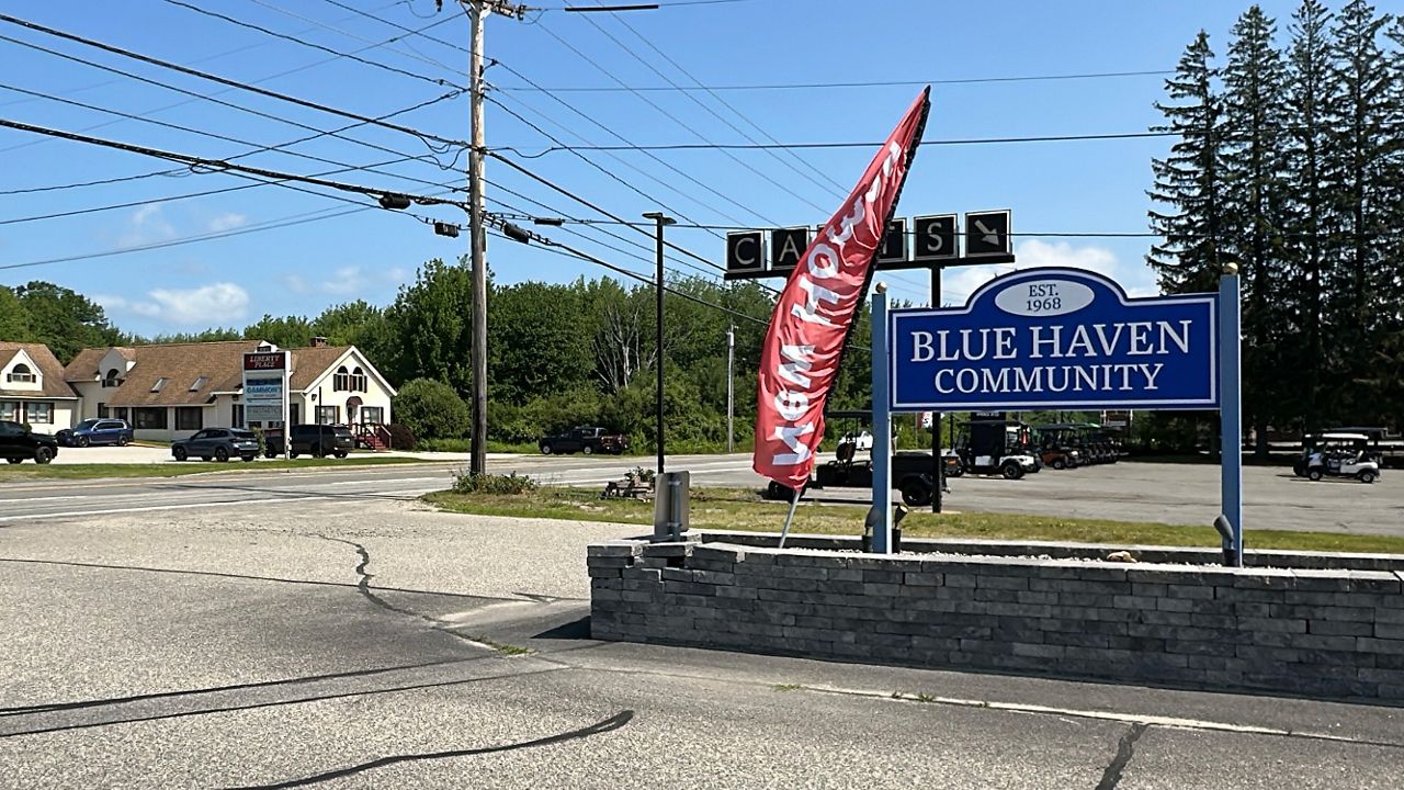 The entrance to Blue Haven Community, a mobile home park on Portland Road in Saco. (Spectrum News/Sean Murphy)