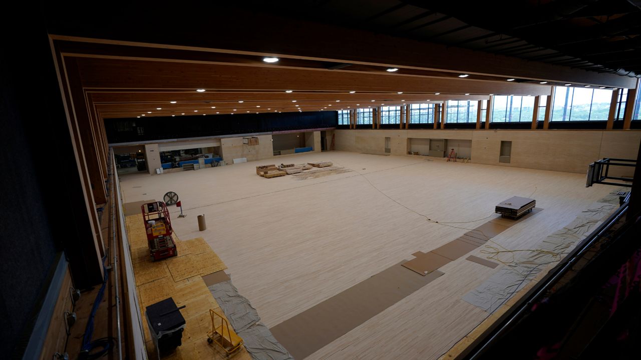 Work continues on the San Antonio Spurs' soon-to-be-ready NBA basketball practice facility, Sunday, June 25, 2023, in San Antonio. Large windows over the practice court will be included for viewing. (AP Photo/Eric Gay)